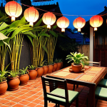 **

A Vietnamese rooftop garden, highlighting native plants like bamboo and banana trees, creating a mini-forest. Red brick tiles pave the area. Focus on a handcrafted wooden table and chairs set, adorned with traditional ceramic pots holding more plants. Soft, warm lighting from Hội An lanterns illuminates the scene at dusk.

**