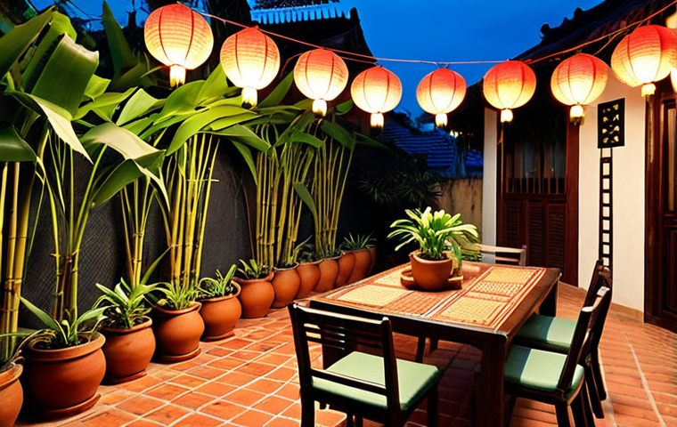 **

A Vietnamese rooftop garden, highlighting native plants like bamboo and banana trees, creating a mini-forest. Red brick tiles pave the area. Focus on a handcrafted wooden table and chairs set, adorned with traditional ceramic pots holding more plants. Soft, warm lighting from Hội An lanterns illuminates the scene at dusk.

**